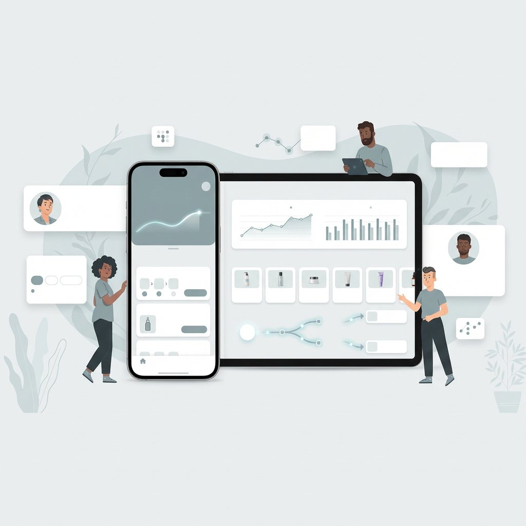 Illustration of a smartphone and tablet displaying the SkinTwin app with skincare tracking charts and progress data