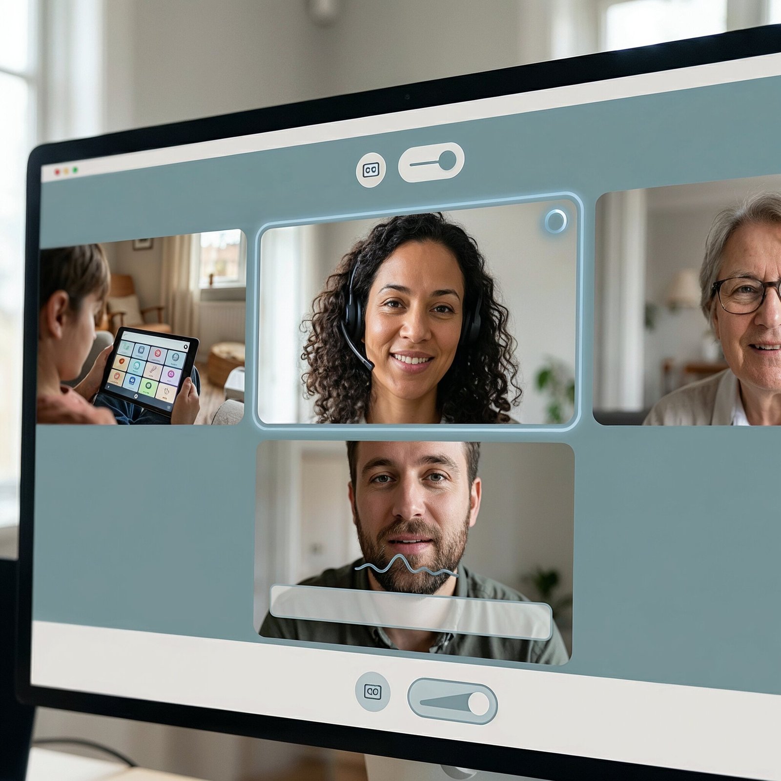 Illustration of a virtual speech therapy session with a therapist and two clients on a video call interface