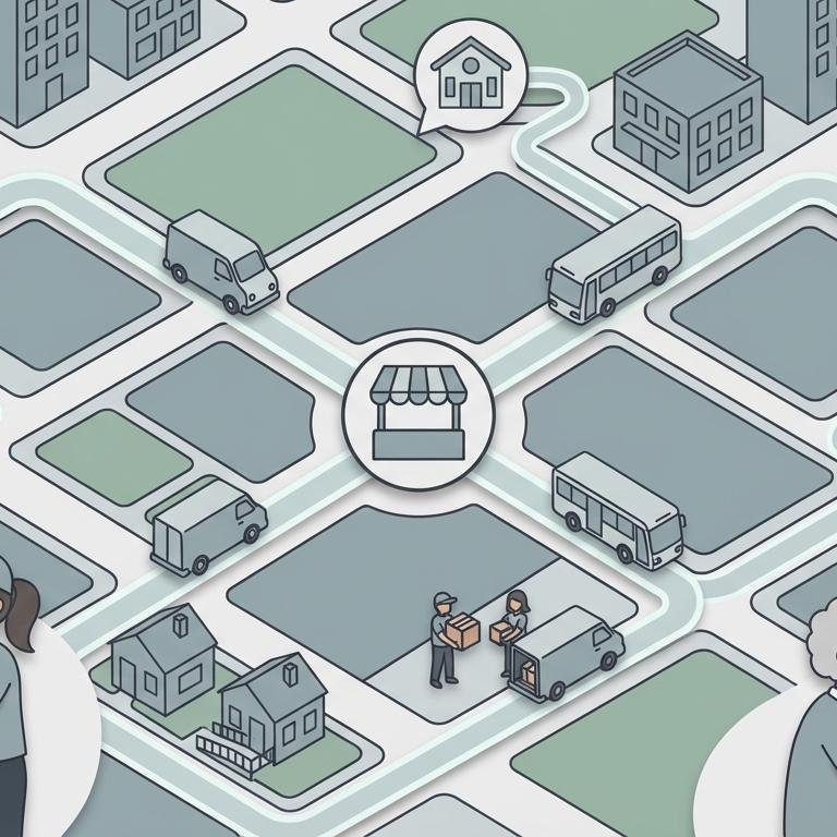 Isometric illustration of a neighborhood with houses, a grocery store, and delivery routes representing the Nourish food access service for older adults